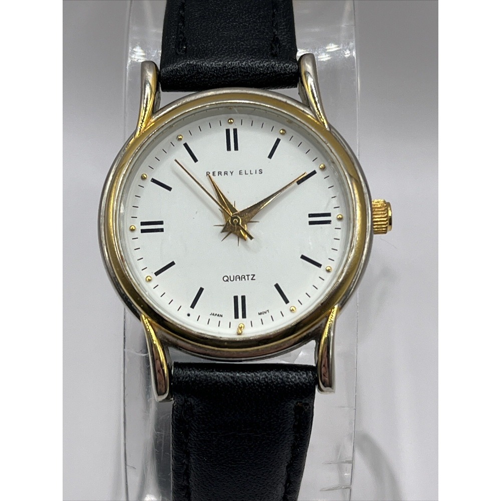 Perry Ellis Women's Quartz Watch Black Leather Band Gold Case- New Battery